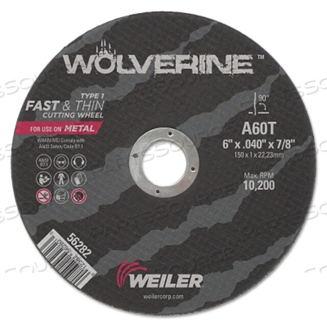 OEM#: 56282WOLVERINE AO ПЛОСКИЙ ОТРЕЗНОЙ КРУГ ТИП 1, ДИАМЕТР 6 ДЮЙМОВ, ТОЛЩИНА 0,040 ДЮЙМА, ОПРАВКА 7/8 ДЮЙМА, ЗЕРНИСТОСТЬ 60 от Weiler