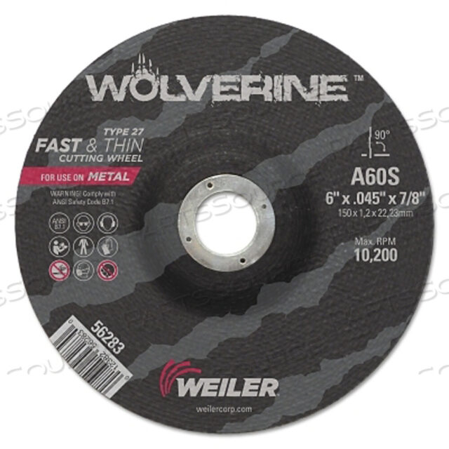 OEM#: 56283WOLVERINE ТОНКИЕ ОТРЕЗНЫЕ КРУГИ, 6 ДЮЙМОВ X .045 ДЮЙМА, ОПРАВКА 7/8, ЗЕРНИСТОСТЬ 60, S, ТИП 27 от Weiler