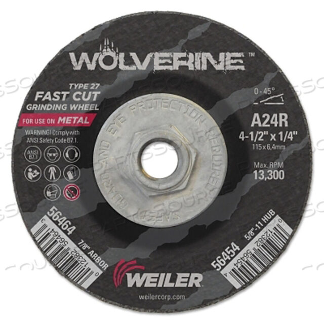 OEM#: 56454ШЛИФОВАЛЬНЫЙ КРУГ WOLVERINE, ДИАМЕТР 4-1/2 ДЮЙМА, ТОЛЩИНА 1/4 ДЮЙМА, ОПРАВКА 5/8 ДЮЙМА - 11 UNC, ЗЕРНИСТОСТЬ 24 от Weiler