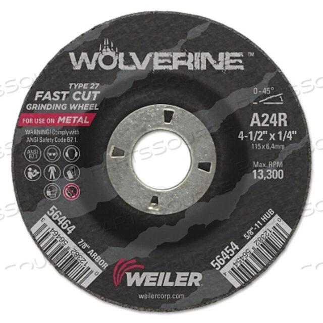 OEM#: 56464ШЛИФОВАЛЬНЫЙ КРУГ WOLVERINE, 4-1/2 ДЮЙМА ДИАМЕТРОМ, 1/4 ДЮЙМА ТОЛЩИНОЙ, 7/8 ДЮЙМА ОПРАВКИ, ЗЕРНИСТОСТЬ 24 от Weiler