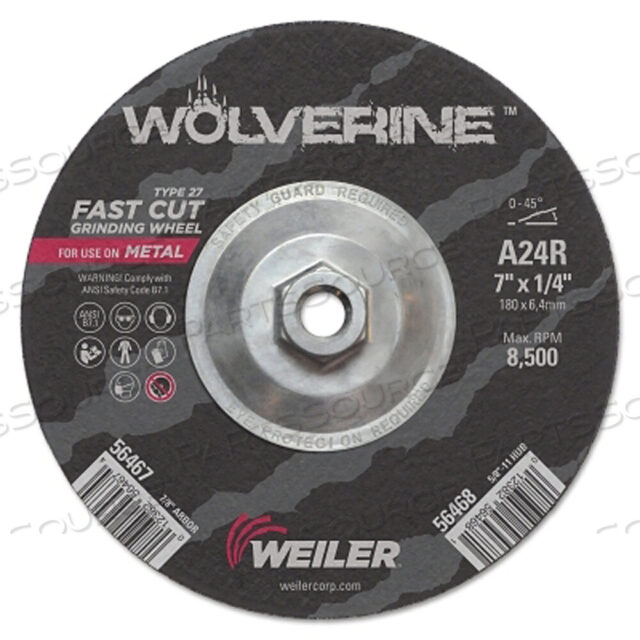 OEM#: 56468ШЛИФОВАЛЬНЫЙ КРУГ WOLVERINE, ДИАМЕТР 7 ДЮЙМОВ, ТОЛЩИНА 1/4 ДЮЙМА, ОПРАВКА 5/8 ДЮЙМА - 11 UNC, ЗЕРНИСТОСТЬ 24 от Weiler