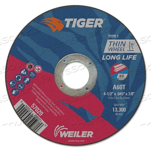 OEM#: 57020TIGER AO ОТРЕЗНОЙ КРУГ, ДИАМЕТР 4-1/2 ДЮЙМА X ТОЛЩИНА 0,045 ДЮЙМА, ОПРАВКА 7/8 ДЮЙМА, A60T, ТИП 1 от Weiler