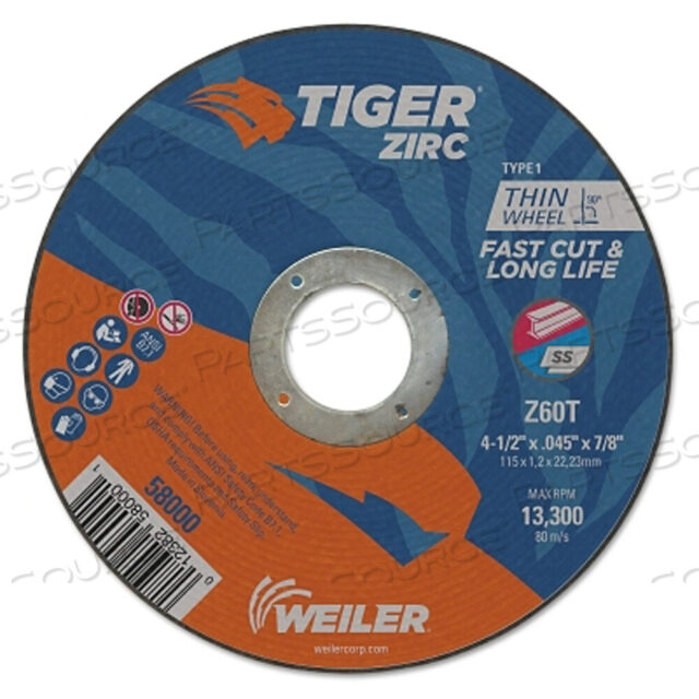 OEM#: 58000TIGER ЦИРКОВЫЙ ОТРЕЗНОЙ КРУГ, ДИАМЕТР 4-1/2 ДЮЙМА, ТОЛЩИНА 0,045 ДЮЙМА, ОПРАВКА 7/8 ДЮЙМА, ЦИРКОНИЙ АЛЮМИНИЯ, ТИП 1, Z60T от Weiler