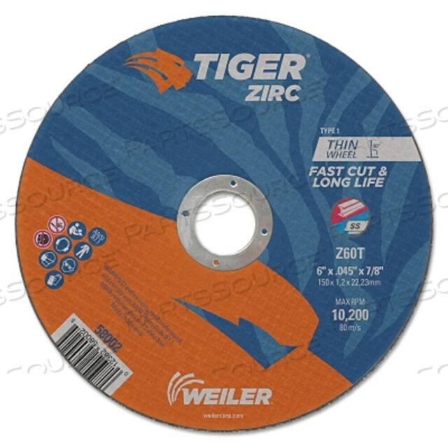 OEM#: 58002TIGER ЦИРКОВЫЙ ОТРЕЗНОЙ КРУГ, ДИАМЕТР 6 ДЮЙМОВ, ТОЛЩИНА 0,045 ДЮЙМА, ОПРАВКА 7/8 ДЮЙМА, ЦИРКОНИЙ АЛЮМИНИЯ, ТИП 1, Z60T от Weiler