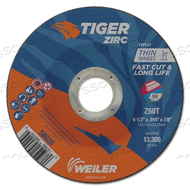 OEM#: 58020TIGER ЦИРКОВЫЙ ОТРЕЗНОЙ КРУГ, ДИАМЕТР 4-1/2 ДЮЙМА, ТОЛЩИНА 0,045 ДЮЙМА, ОПРАВКА 7/8 ДЮЙМА, ЦИРКОНИЙНЫЙ ОКСИД АЛЮМИНИЯ, ТИП 27, Z60T от Weiler