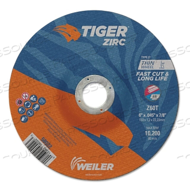 OEM#: 58022TIGER ЦИРКОВЫЙ ОТРЕЗНОЙ КРУГ, ДИАМЕТР 6 ДЮЙМОВ, ТОЛЩИНА 0,045 ДЮЙМА, ОПРАВКА 7/8 ДЮЙМА, ЦИРКОНИЙ АЛЮМИНИЯ, ТИП 27, Z60T от Weiler