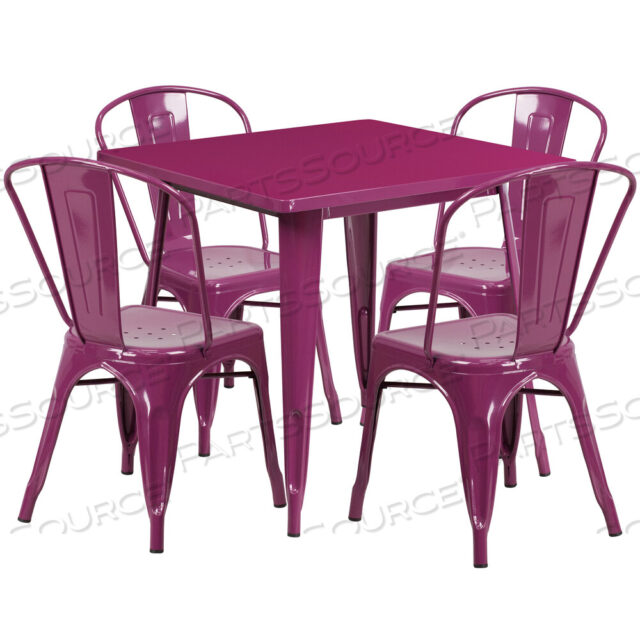 OEM#: ET-CT002-4-30-PUR-GGFOSTER КОМПЛЕКТ СТОЛОВ ИЗ МЕТАЛЛА КОММЕРЧЕСКОГО КЛАССА 31,5 КВАДРАТНОГО ФИОЛЕТОВОГО ЦВЕТА ДЛЯ ИСПОЛЬЗОВАНИЯ В ПОМЕЩЕНИИ И НА УЛИЦЕ С 4 СТЕКЛЯННЫМИ СТУЛЬЯМИ от Flash Furniture