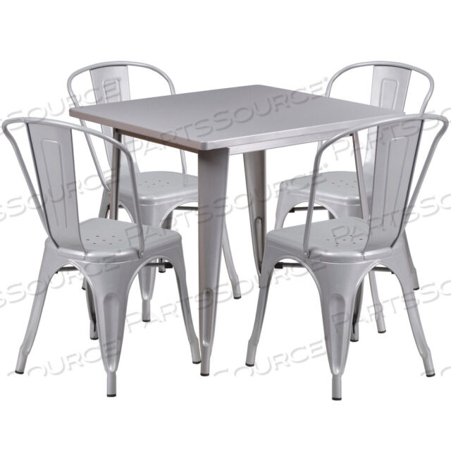 OEM#: ET-CT002-4-30-SIL-GGFOSTER КОМПЛЕКТ СТОЛОВ ИЗ МЕТАЛЛА СЕРЕБРИСТОГО ЦВЕТА КОММЕРЧЕСКОГО КЛАССА 31,5 ДЮЙМА ДЛЯ ИСПОЛЬЗОВАНИЯ В ПОМЕЩЕНИИ И НА УЛИЦЕ С 4 СТЕКЛЯННЫМИ СТУЛЬЯМИ от Flash Furniture