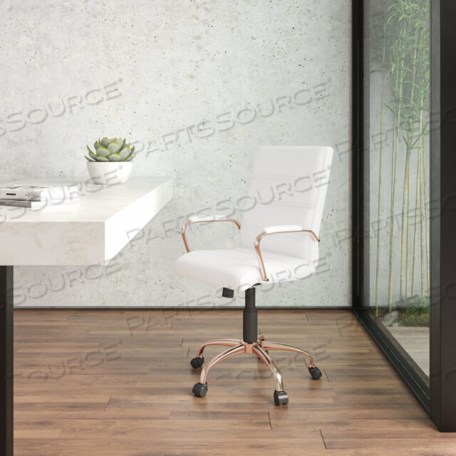 OEM#: GO-2286M-WH-RSGLD-GGWHITNEY Белое вращающееся кресло для руководителя из мягкой кожи со средней спинкой, каркасом и подлокотниками цвета розового золота от Flash Furniture