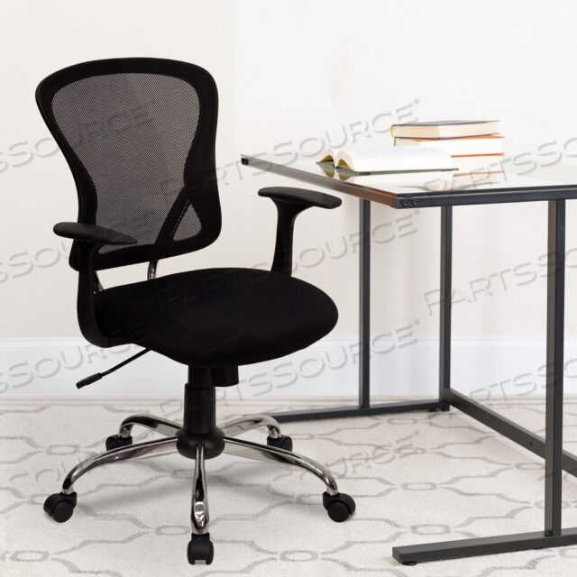 OEM#: H-8369F-BLK-GGALFRED ЧЕРНОЕ ОФИСНОЕ ВРАЩАЮЩЕЕСЯ ОФИСНОЕ КРЕСЛО С СРЕДНЕЙ СПИНОЙ, СЕТЧАТОЙ ЧЕРНОЙ, С ХРОМИРОВАННЫМ ОСНОВАНИЕМ И ПОДЛОКОТНИКАМИ от Flash Furniture