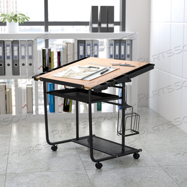 OEM#: NAN-JN-2739-GGSWANSON РЕГУЛИРУЕМЫЙ СТОЛ ДЛЯ ЧЕРЧЕНИЯ И РИСУНКА С ЧЕРНОЙ РАМКОЙ И ДВУХКОЛЕСНЫМИ РОЛИКАМИ от Flash Furniture