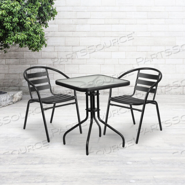 OEM#: TLH-0731SQ-017CBK2-GGLILA 23,5-дюймовый квадратный стеклянно-металлический стол с двумя черными металлическими алюминиевыми планками, штабелируемыми стульями от Flash Furniture