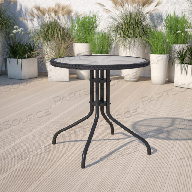 OEM#: TLH-087-BK-GGBARKER 28 КРУГЛЫЙ СТОЛ ИЗ ЗАКАЛЕННОГО СТЕКЛА И МЕТАЛЛА С ЧЕРНОЙ РОТАНГОВОЙ КАЙМОЙ от Flash Furniture