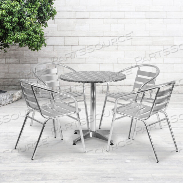 OEM#: TLH-ALUM-28RD-017BCHR4-GGLILA 27,5-дюймовый круглый алюминиевый стол для использования в помещении и на улице с 4 стульями со спинками из реек от Flash Furniture