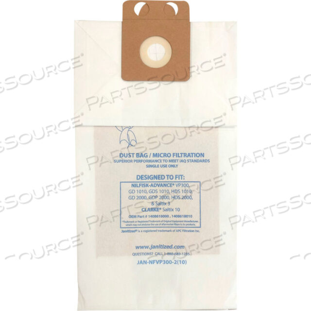 OEM#: JAN-NFVP300-2(10) ВАКУУМНЫЙ МЕШОК NILFISK ADVANCE ДЛЯ GD1010, GDS1010, HDS1010, GD2000, GDP2000, HDS2000, VP300, SALTIX 3 от Apc Filtration Inc