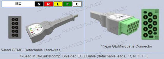 Replaces Vyaire Medical Inc. 2017003-003GE ECG TRUNK CABLE, 5LD 12FT