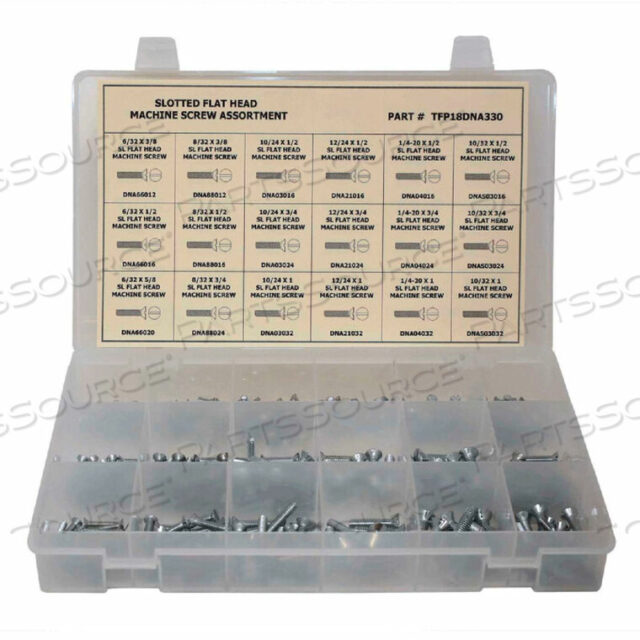 OEM#: TFP18DNA330330 PIECE MACHINE SCREW ASSORTMENT - #6 TO 1/4 - SLOTTED FLAT HEAD - STEEL - ZINC by Titan Fasteners