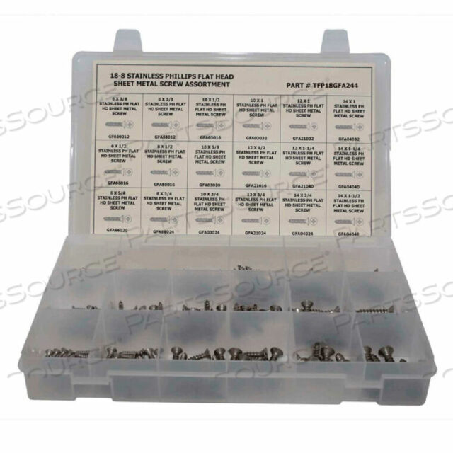 OEM#: TFP18GFA244244 ШТ. АССОРТИМЕНТ ВИНТОВ ДЛЯ ЛИСТОВОГО МЕТАЛЛА (С НАРЕЗКОЙ) - № 6 - № 14 - ПЛОСКАЯ ГОЛОВКА PHILLIPS - 304 SS от Titan Fasteners
