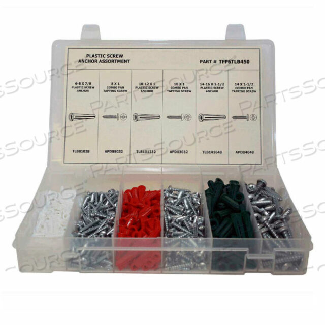 OEM#: TFP6TLB450450 ШТ. АССОРТИМЕНТ ПЛАСТИКОВЫХ ДЮБЕЛЕЙ И ВИНТОВ ДЛЯ ЛИСТОВОГО МЕТАЛЛА - №8 ДО №16 от Titan Fasteners