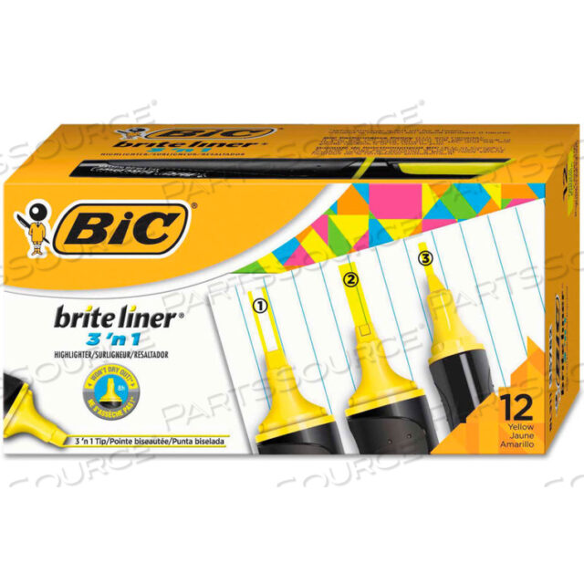 BRITE LINER 3 N 1 ХАЙЛАЙТЕРЫ, 3 N 1 КОНЧИК ЛОПАТООБРАЗНЫЙ, ЖЕЛТЫЙ, ДЮЖИНА