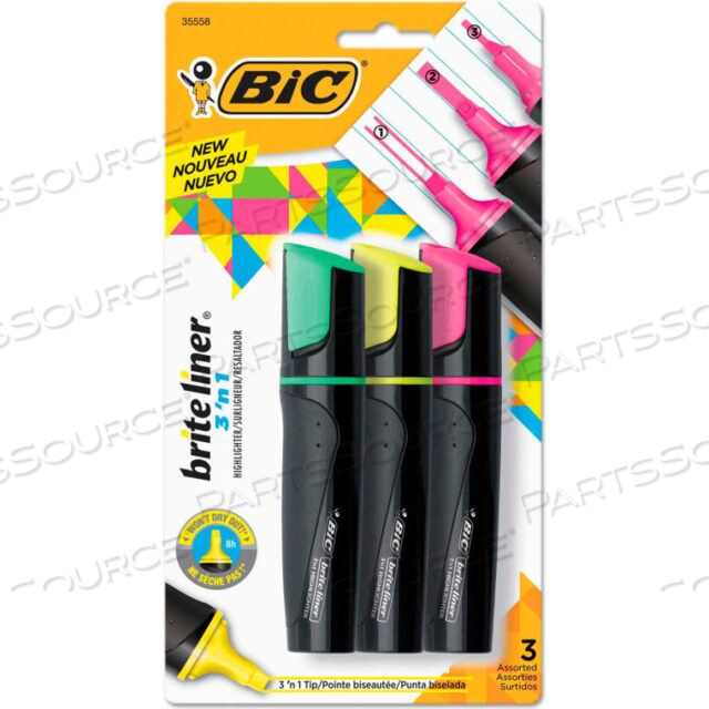 BRITE LINER 3 N 1 ХАЙЛАЙТЕРЫ, 3 N 1 КОНЧИК КЛИПИЧНЫЙ, АССОРТИ ЦВЕТА, 3/НАБОР