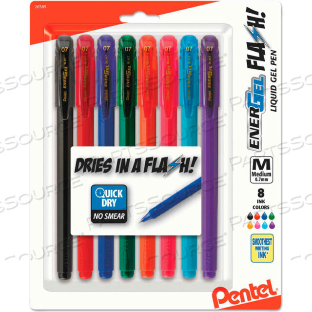 ГЕЛЕВАЯ РУЧКА ENERGEL FLASH STICK, СРЕДНЯЯ 0,7 ММ, АССОРТИМЕНТ ЧЕРНИЛ/КОРПУС, 8 ШТ. В УПАКОВКЕ