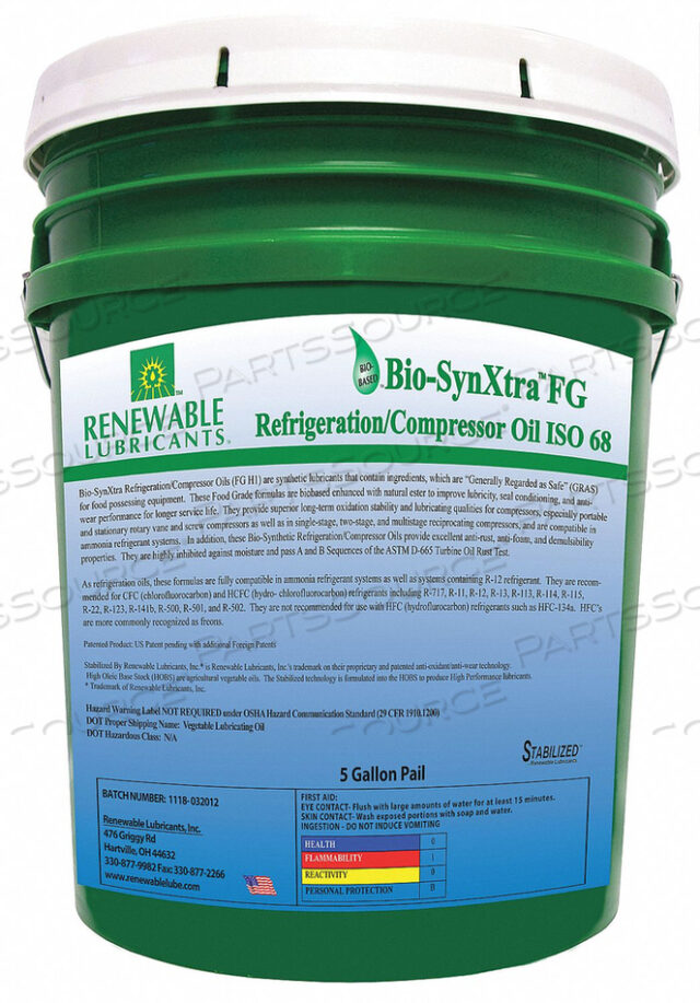 OEM#: 87854ХОЛОДИЛЬНОЕ/КОМПРЕССОРНОЕ МАСЛО ВЕДРО 5 ГАЛЛОНОВ от Renewable Lubricants
