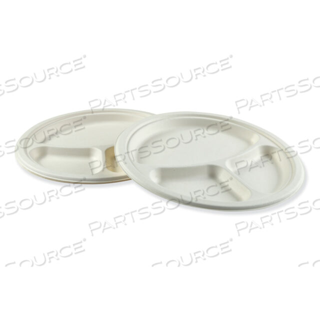BAGASSE DINNERWARE, 3-COMPARTMENT PLATE, 10 DIA, WHITE, 500/CARTON