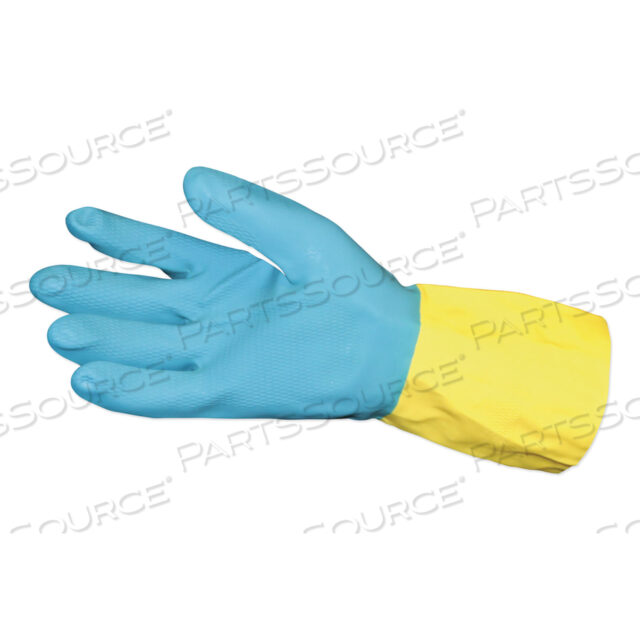FLOCKED LINED NEOPRENE OVER LATEX GLOVES, POWDER-FREE, BLUE/YELLOW, LARGE, DOZEN