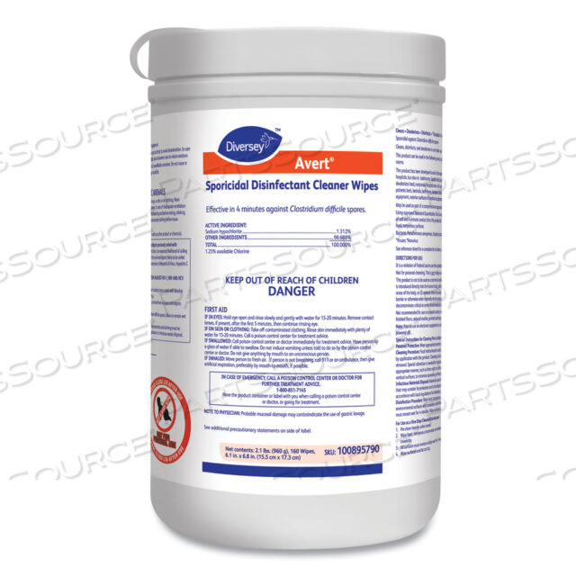 OEM#: 100895790САЛФЕТКИ AVERT SPORICIDAL DESINFECTANT CLEANER, 6 X 7, С ЗАПАХОМ ХЛОРА, 160/КАНИСТРА, 12/КОРОБКА от Diversey