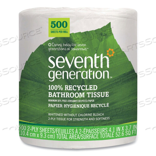 OEM#: 137038100% RECYCLED BATHROOM TISSUE, SEPTIC SAFE, INDIVIDUALLY WRAPPED ROLLS, 2-PLY, WHITE, 500 SHEETS/JUMBO ROLL, 60/CARTON by Seventh Generation