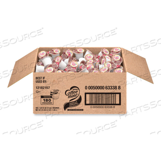 OEM#: 63338CT180 COUNT BULK LIQUID COFFEE CREAMER, VANILLA CARAMEL, 0.38 OZ, 180/CARTON by Coffee-Mate