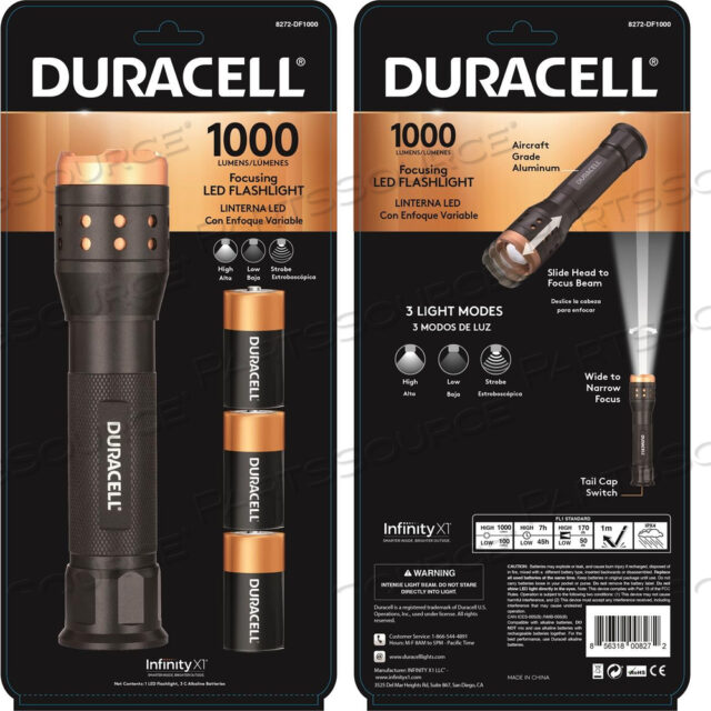 8272-DF1000 АЛЮМИНИЕВЫЙ СВЕТОДИОДНЫЙ ФОНАРИК DURACELL С ФОКУСОМ, 1000 ЛЮМЕН, 3 РЕЖИМА, 3 БАТАРЕИ-C