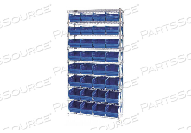 OEM#: WR9-207BLWR9-207 ХРОМИРОВАННЫЙ ПРОВОЛОЧНЫЙ СТЕЛЛАЖ С 32 6H ПЛАСТИКОВЫМИ ЯЧЕЙКАМИ ПОЛКИ СИНЕГО ЦВЕТА, 36X12X74 от Quantum Storage Systems