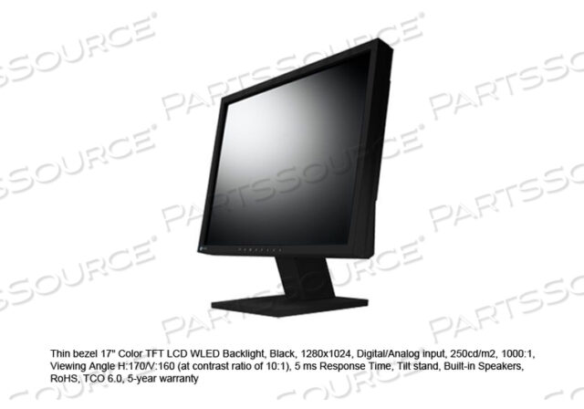 ТОНКАЯ РАМКА 17 ЦВЕТНОЙ TFT LCD WLED ПОДСВЕТКА, ЧЕРНЫЙ, 1280X1024, ЦИФРОВОЙ/АНАЛОГОВЫЙ ВХОД, 250 КД/М2, 1000:1, УГЛЫ ОБЗОРА Г:170/В:160 (ПРИ КОНТРАСТНОСТИ 10:1), ВРЕМЯ ОТКЛИКА 5 МС, НАКЛОННАЯ ПОДСТАВКА, ВСТРОЕННЫЕ ДИНАМИКИ, ROHS, TCO 6.0, 5-ЛЕТНЯЯ ГАРАНТИЯ