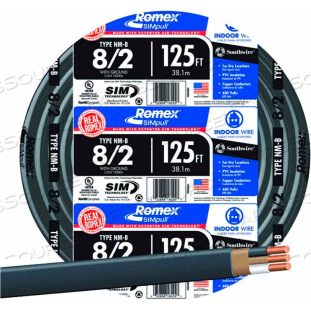 КАБЕЛЬ ROMEX SIMPULL С ЗАЗЕМЛЕНИЕМ, ЧЕРНЫЙ, 8/2 AWG, 125 ФУТОВ